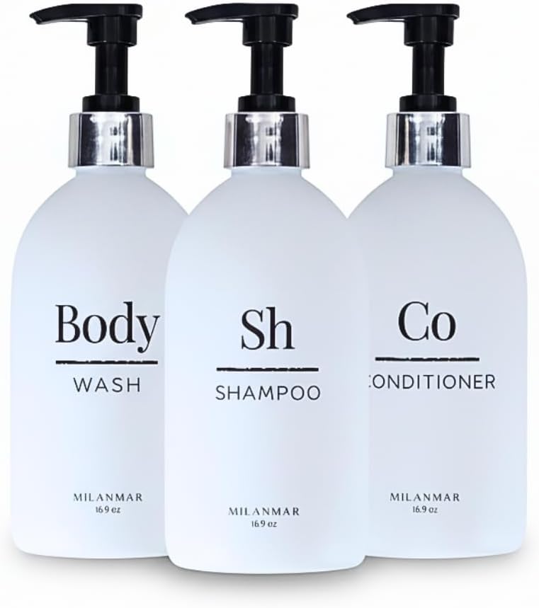 Shampoo Conditioner Body Wash Dispenser Set - Refillable Matte Plastic Cylindrical Bottles, 16.9 oz Pump Containers, Minimalist Bathroom Organization, Pack of 3 [White-Silver]
