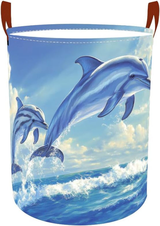 Laundry Baskets 15.7x19.7 Inch Large Dolphin Ocean Design Collapsible Laundry Hamper with Handles Oxford Fabric Clothes Storage Bin Foldable Dirty Clothes Organizer for Bathroom Bedroom Dorm