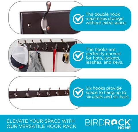 BIRDROCK HOME Oval Hook Coat and Hat Rack | 6 Hooks| Wall Mount | Brown Finish | Bronze Hooks