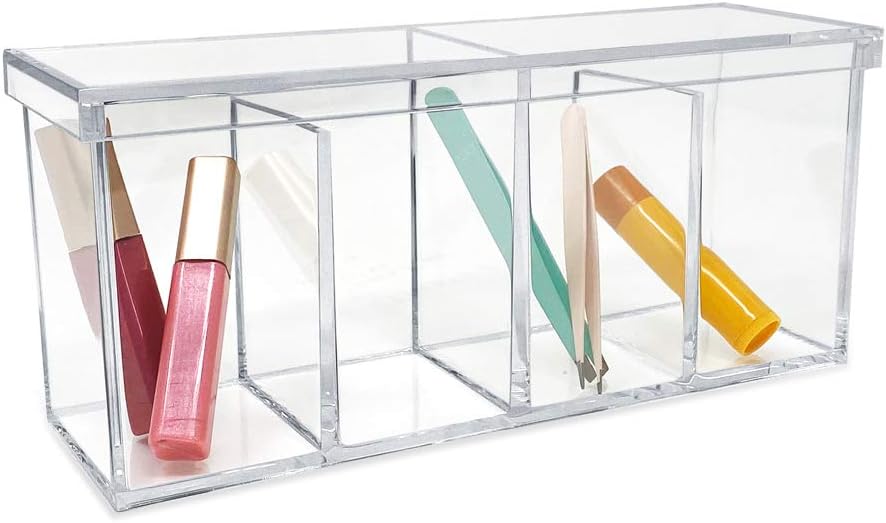 Isaac Jacobs 2-Pack 4-Compartment Clear Acrylic Organizers with Lid (9” L x 3” W x 4” H), Makeup Brush Holder, Sectional Tray, Storage Solution for Makeup, Crafts, Office Supplies & More (2, Clear)