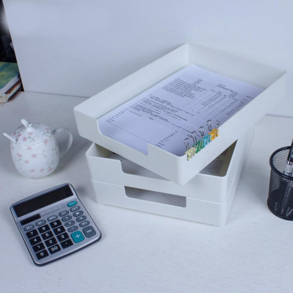 Desk Letter Tray, 2 PCS A4 Size Plastic Stackable File Document Organizer, Office Desktop File Paper Holder, Anti-Skid Stacking Support for Office Supplies (2X White)