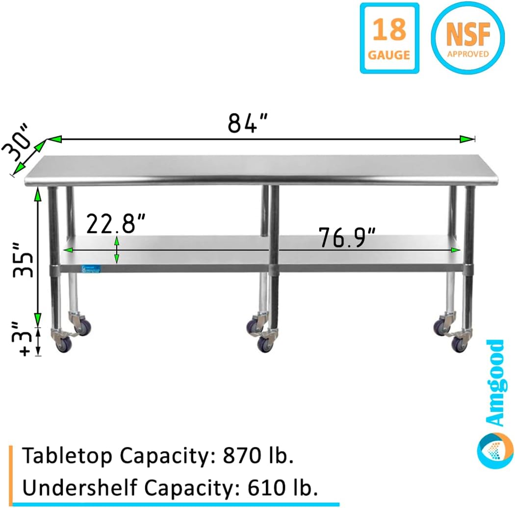 AmGood 30" x 84" Stainless Steel Work Table with Casters | Heavy Duty Metal Utility Table On Wheels | Kitchen Island Cart