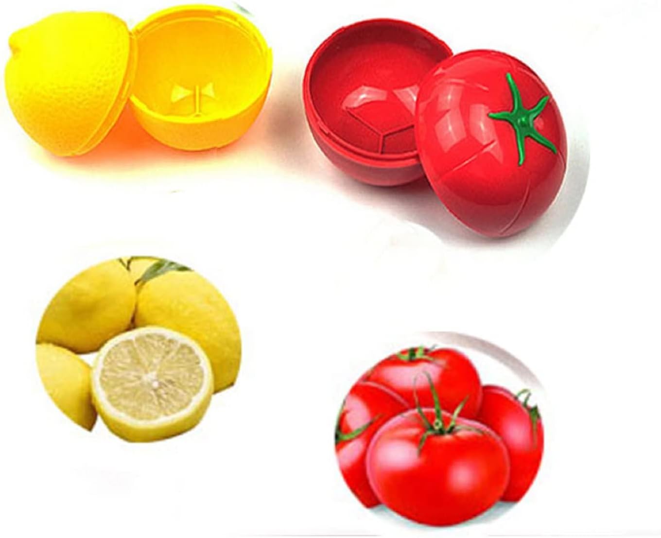 MIAO JIN 4 PCS Fruit and Vegetable Shaped Food Saver Storage Containers Holder Refrigerator Vegetable Crisper(Onion, tomato, lemon, green pepper)