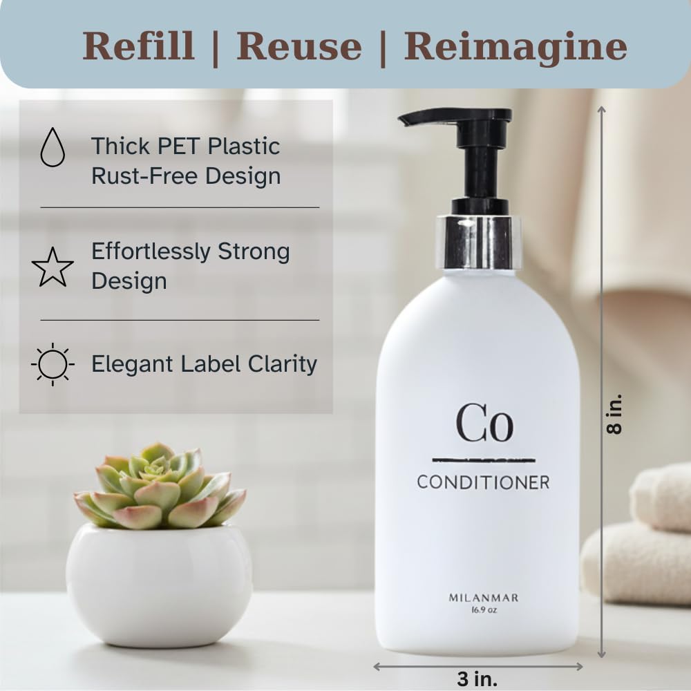 Shampoo Conditioner Body Wash Dispenser Set - Refillable Matte Plastic Cylindrical Bottles, 16.9 oz Pump Containers, Minimalist Bathroom Organization, Pack of 3 [White-Silver]