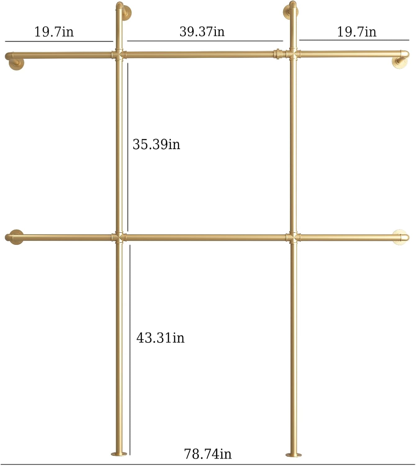 Gold Pipe Clothing Rack Wall Mounted, Industrial Pipe Clothes Racks with 6 Hanging Rods, Heavy Duty Clothing Racks for Laundry Room, Closet Systems for Walk in Closets