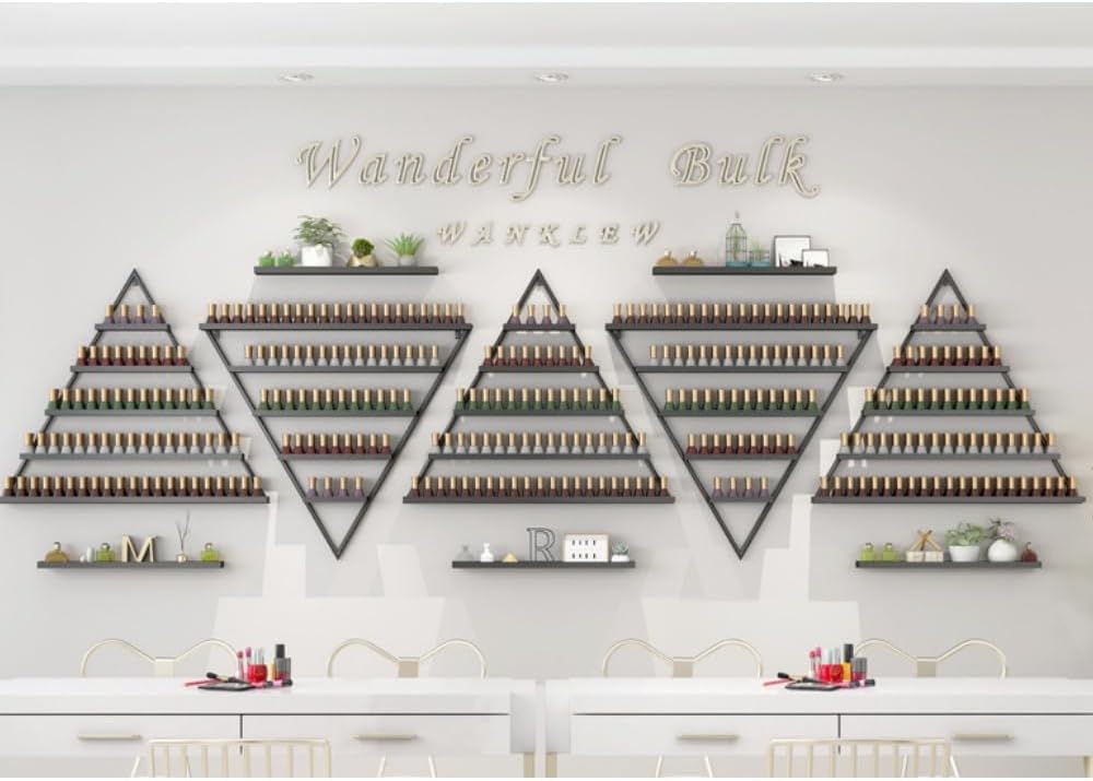 Elegant Wall Mounted Nail Polish Storage Rack Set of 10 Triangular Cosmetic Display Shelves for Essential Oil Bottles, Organize Your Lipsticks and Perfumes in Style at Home or Salon (Black)