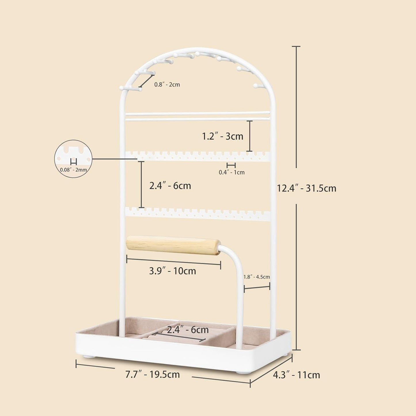 Multi-Functional Jewelry Holder Organizer Necklace Display Stand Velvet Lined Bar for Rings 2 Tier with 18 Hooks, 32 Earring Holes - Sturdy and Durable, Easy Organization White