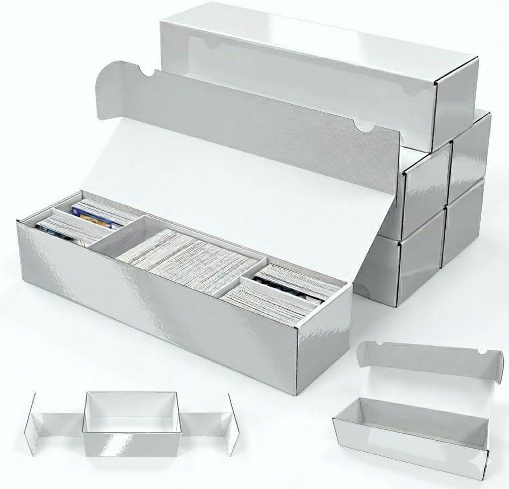 Laminated Trading Card Storage Box, 6-Pack Storage Card Box with 5-Compartment, Glossy White Cardboard Collector Box for TCG/Sports Cards Storage