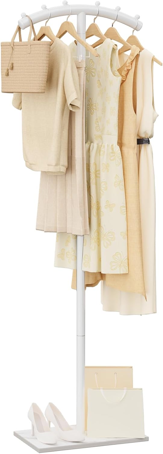 Arcuate Garment Rack, T-shaped Coat Tree Freestanding, Metal Coat Racks, Natural Stable Rock Base, Suitable For Entrances, Corridors, Halls, 68.9in, White