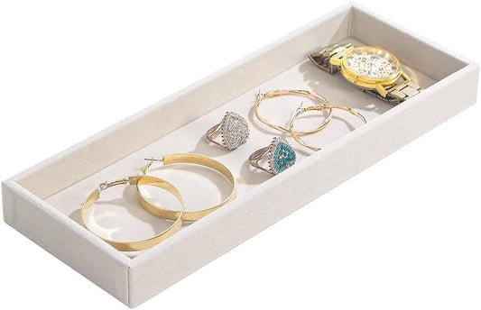 Divided Drawer Organizer Tray, Velvet Jewelry Storage Tray, Necklace Bracelet Ring Earring Display Tray,Bedside Nightstand Desk Holder Tray for Phone Watch Sunglasses Cosmetics Storage/Beige/1grid