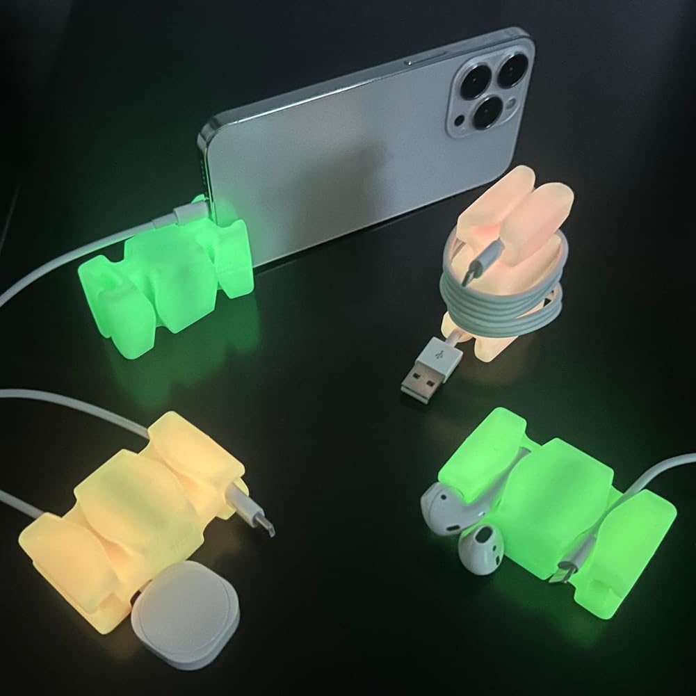GlowBrick Stocking Stuffers for Adults Cord Management Weighted Cord Holder Cable Wrap Phone Stand - Glow-in-The-Dark Gadget Organizer for Nightstand. Gift for Men, Silicone. 4pk Assorted Glow
