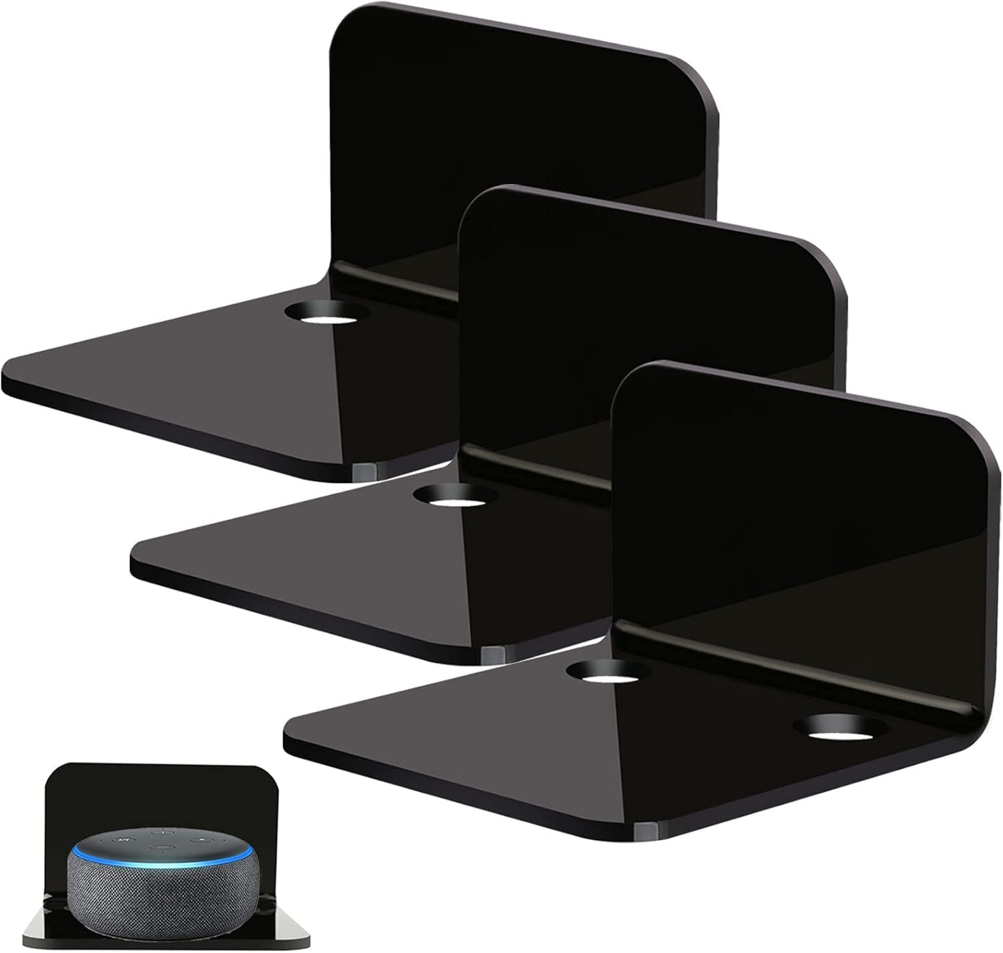 OAPRIRE Acrylic Floating Wall Shelves Set of 3, Drill Free with10 Piece Strong Tapes - Universal Small Adhesive Shelf for Security Cameras, Baby Monitors with Cable Clips (Black)
