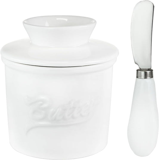 Ceramic Butter Crock with Lid & Spreader Knife, Butter Keeper - Ideal Butter Storage & Countertop Butter Dish, White