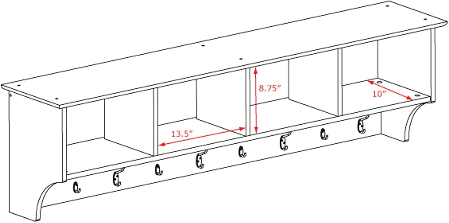 Prepac 60" Contemporary Wall Mounted Coat Rack, Coat Hooks Wall Mount with 4 Shelves, Ideal for Hallway or Entryway Storage Solution, 11.5"D x 60"W x 16.5"H, White