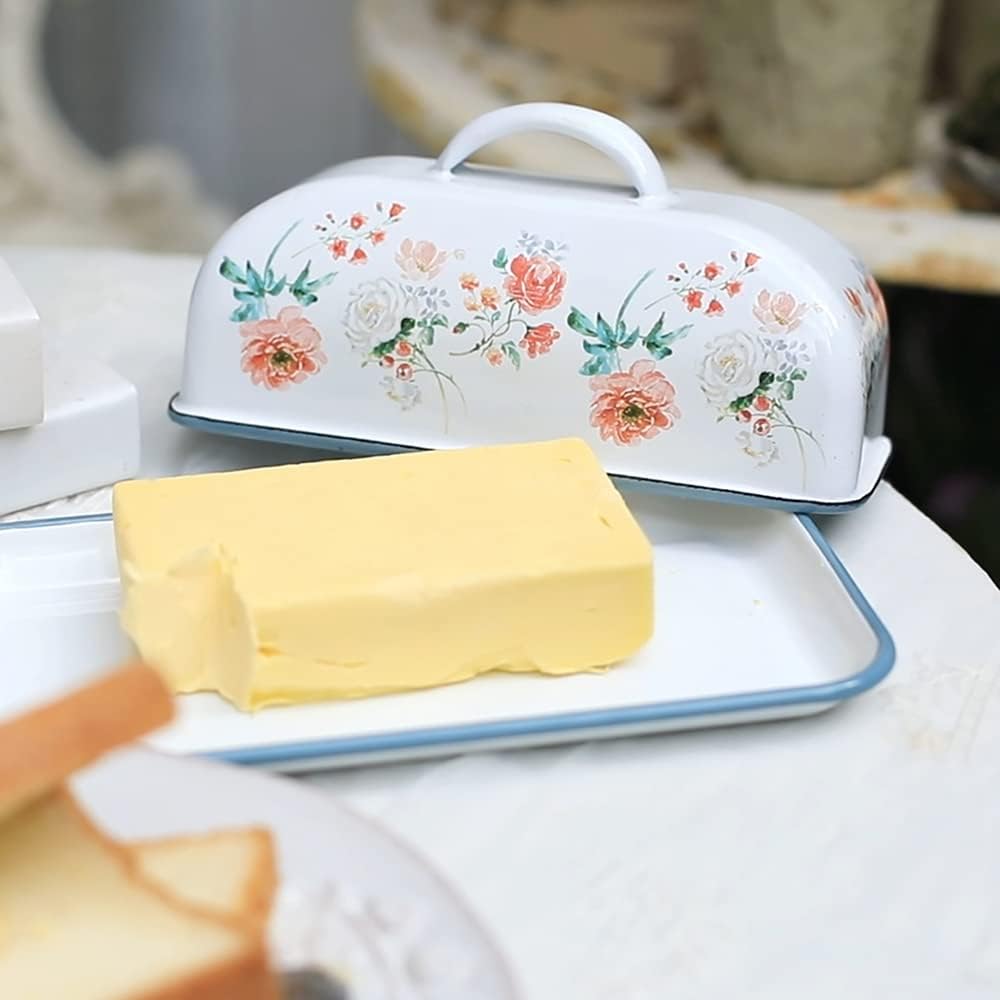 Enameled Farmhouse Vintage Butter Dish with Lid, 7.5 Inch Durable Kitchen Food Storage Container Rust-Resistant Refrigerator Safe,Vintage Decorative Design Kitchenware for Countertop