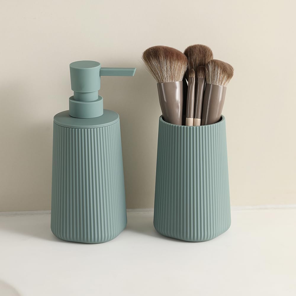Bathroom Accessories 2 Piece Soap Dispenser and Toothbrush Holder Set Striped Sage Green