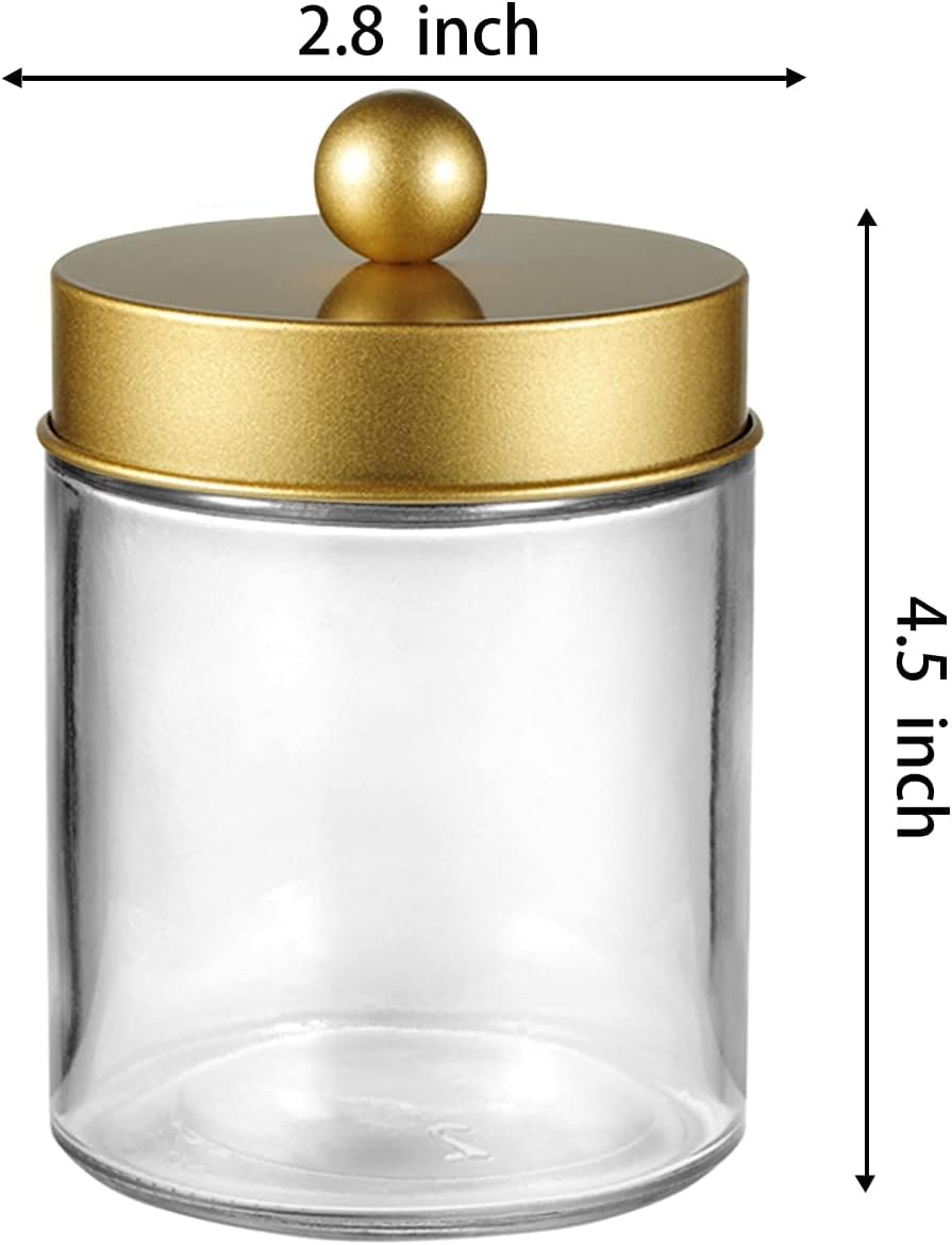 Amolliar 6Pc Apothecary Jars Bathroom Vanity Organizer- Rustic Farmhouse Decor Storage Canister with Stainless Steel Lids- Qtip Dispenser Holder for Q-Tips,Cotton Swabs,Rounds,Ball,Flossers (Gold)