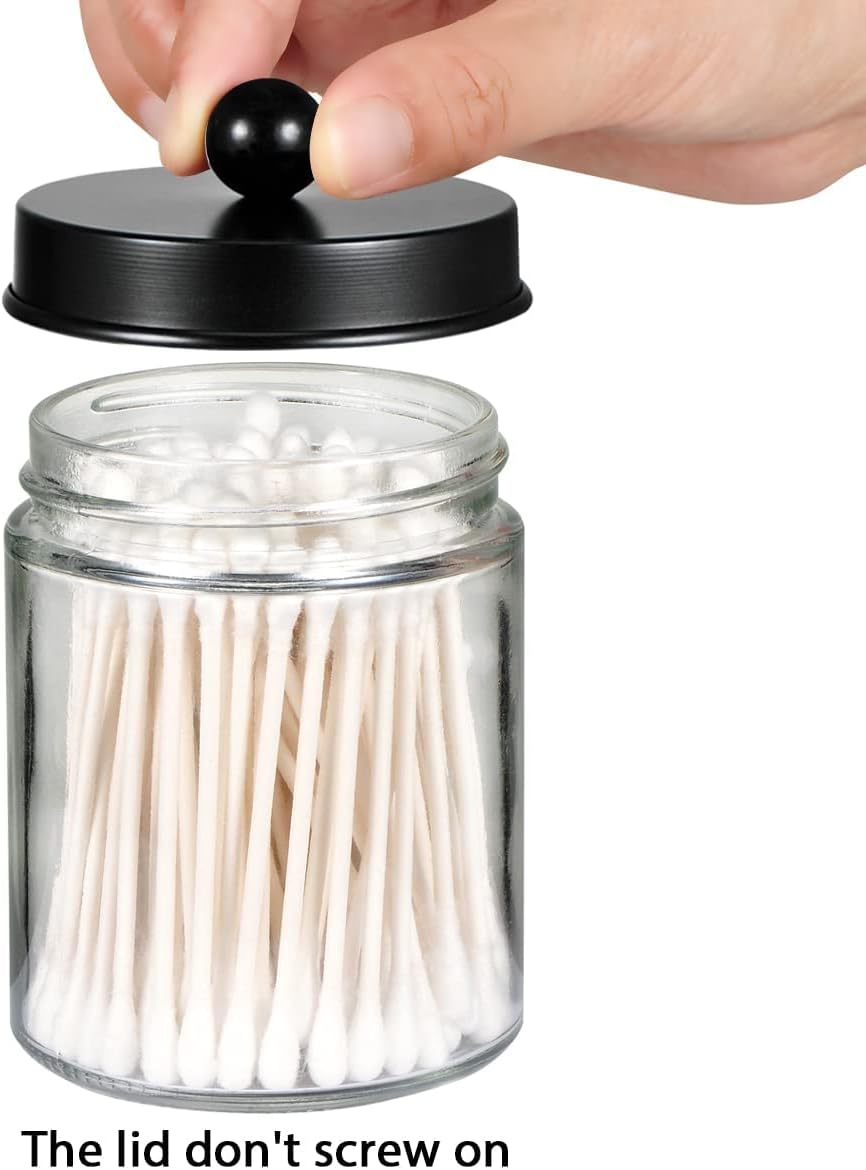 Amolliar 6Pc Apothecary Jars Bathroom Vanity Organizer- Rustic Farmhouse Decor Storage Canister with Stainless Steel Lids- Qtip Dispenser Holder for Q-Tips,Cotton Swabs,Rounds,Ball,Flossers (Black)