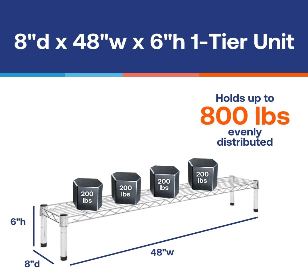Shelving Inc. 8" d x 48" w Chrome Wire Shelving with 1 Tier Shelf, Weight Capacity 800lbs Per Shelf