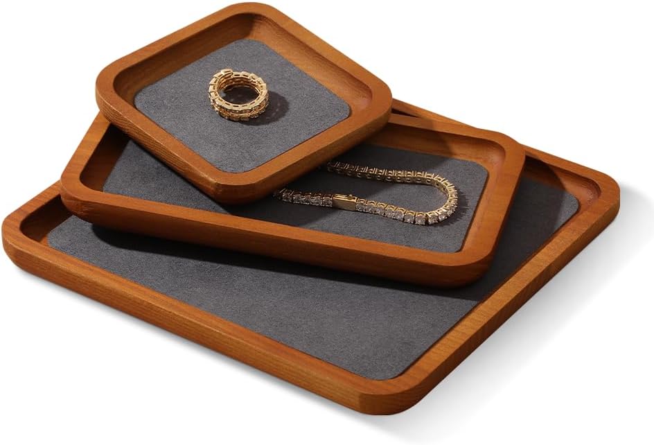 Wooden Jewelry Display Tray Rounded Rectangle Ring Showcase Stackable Elegant Bracelet Watch Jewelry Organizer for Personal Use and Commerce (Gray, Small-W 3.9'' x H 0.6'' x L 3.9'')