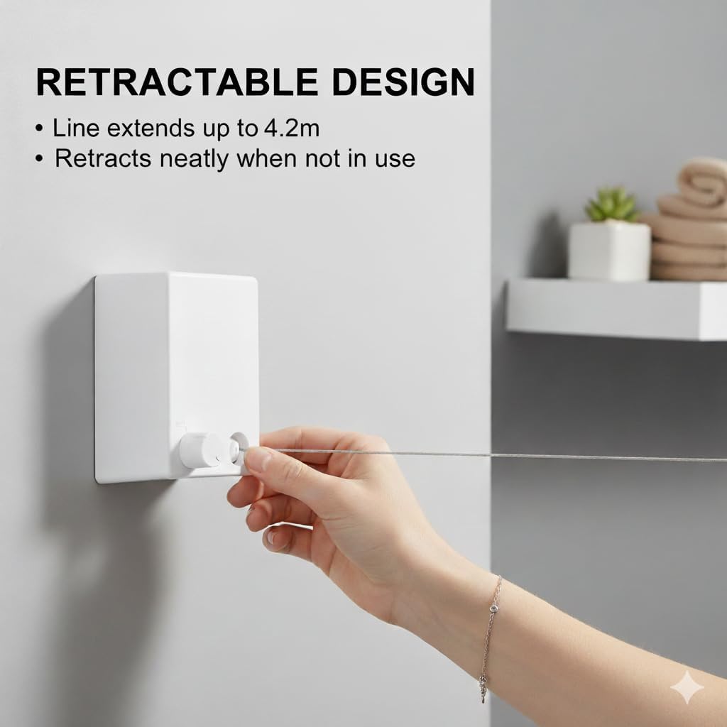 Dryline Retractable Clothesline, White, Indoor Outdoor Wall Mounted Drying Rack, 15kg Weight Capacity, 4.2m Length, for Laundry Room, RV, Bathroom