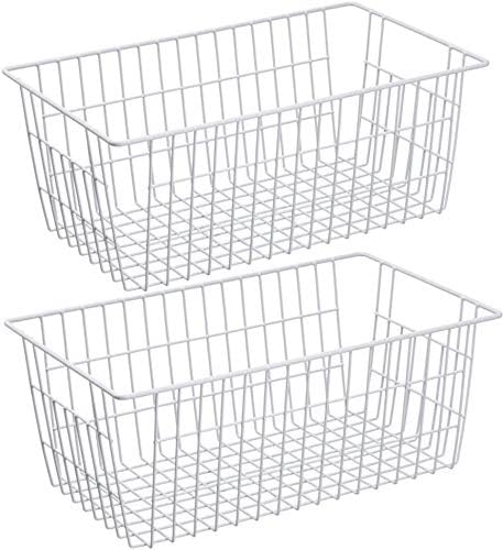 Wire Storage Basket Freezer Organizer Bins Food Storage Baskets with Handles Pantry Organizer for Kitchen Cabinets Closet Bedroom Bathroom,Set of 2,White