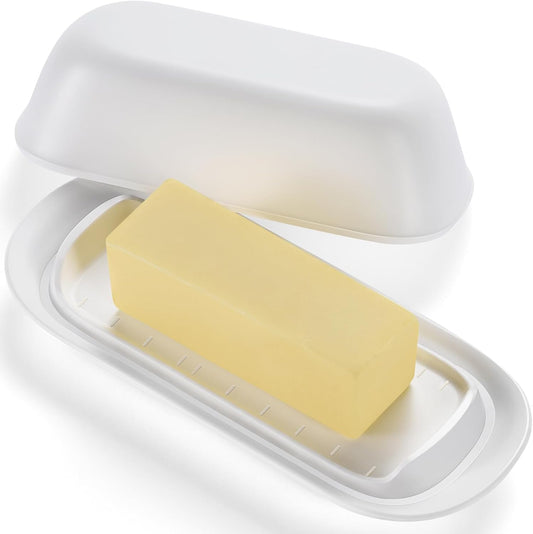 Butter Dish with Lid, Butter Keeper, Easy Scoop,Butter Container Holds for East/West Coast Butter, Dishwasher Safe (White)