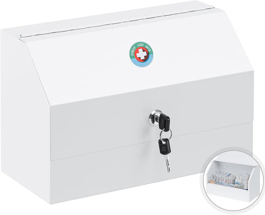 KYODOLED Wall Mount Medicine Lock Box, Drug Cabinet with Key, Large Capacity Secure Steel Prescription, First Aid Kit for Emergencies Home and School use, White, 12.2 * 5.9 * 7.87 inch