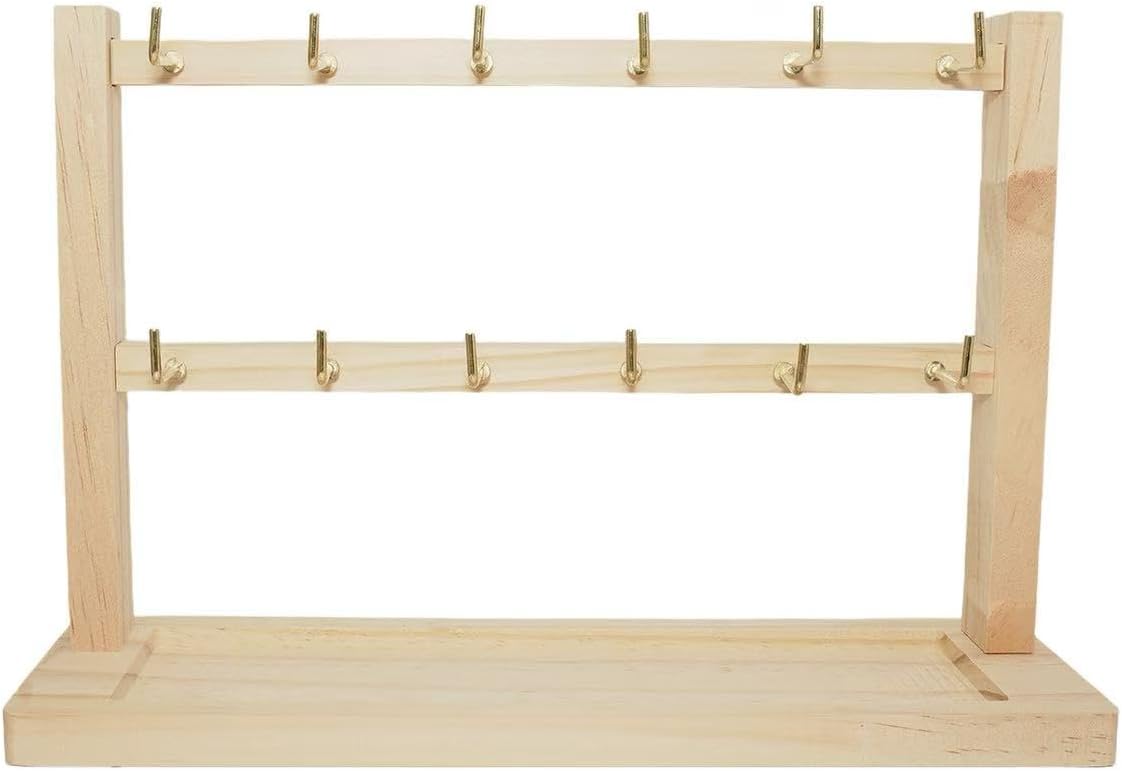 2 Layers of Wooden Display Eacks With Hooks for Necklaces. Rings, Earrings, Bracelets, And Other Jewelry Storage Display Rack
