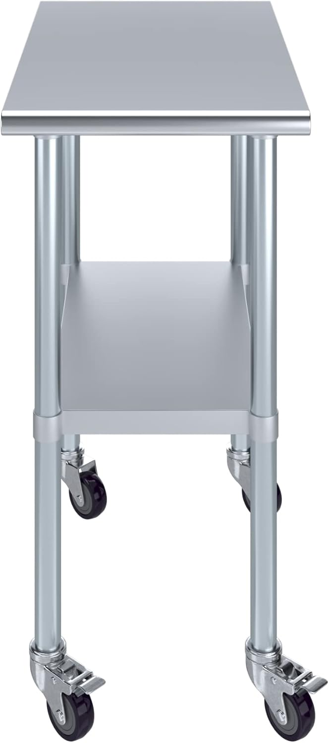 AmGood 30" x 18" Stainless Steel Work Table with Casters | Heavy Duty Metal Utility Table On Wheels | Kitchen Island Cart