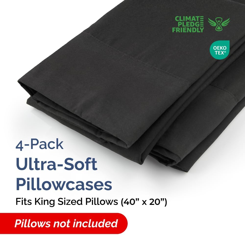 King Pillow Cases - 4 Pack - Super Soft Pillowcase Covers - Envelope Enclosure - Hotel Quality Pillow Protectors - Wrinkle Free, Fade, Shrink & Stain Resistant - Machine Washable - 20" x 40" (Black)