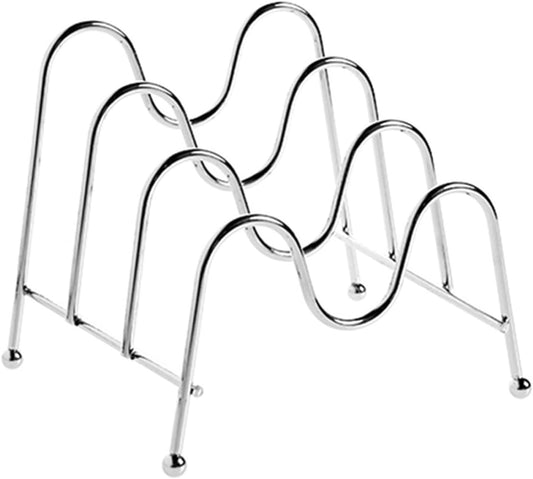 Uonlytech Multipurpose Silver Kitchen Pot Lid Holder Rack with Compartments for Organizing Pan Covers Plates and Cutting Boards Convenient Hygienic Storage Stand for Countertop and Cabinet