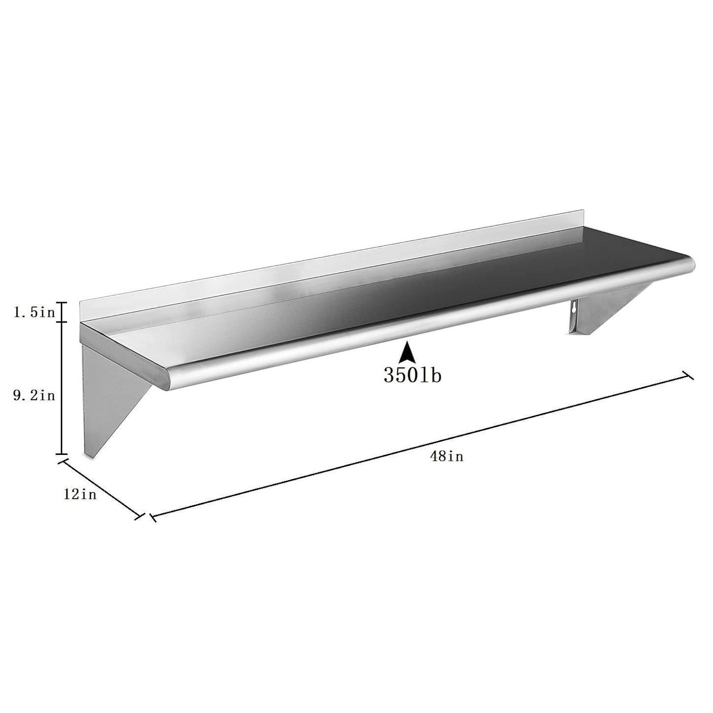 ROCKPOINT Stainless Steel Shelf 12 x 48 Inches 350lb, 2 Pack NSF Commercial Wall Mount Floating Shelving with Backsplash for Restaurant, Kitchen, Home and Hotel, Silver