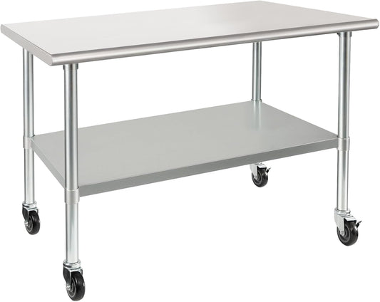 HARDURA Stainless Steel Table with Wheels 30 x 48 Inches Casters NSF Heavy Duty Commercial Work & Prep Table with Undershelf and Galvanized Legs for Restaurant Kitchen Bar and Hotel Garage