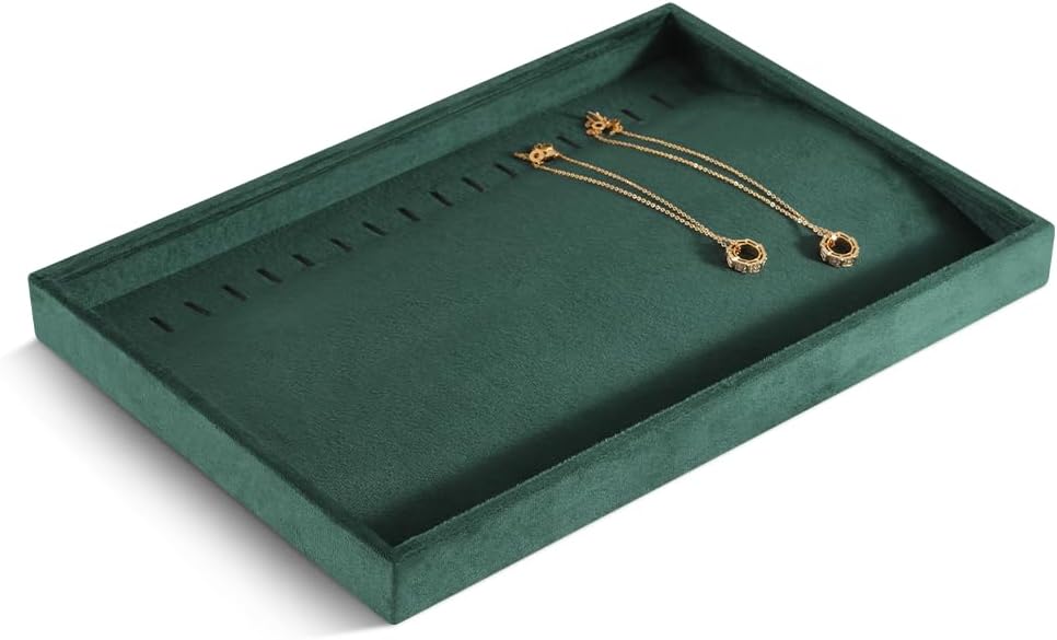 Velvet Jewelry Display Tray For Bracelet Pendant Necklace, Multi-Slot Stackable Storage Tray For Long Chain Jewelries, Drawer Insert Jewelry Organizer (Green)