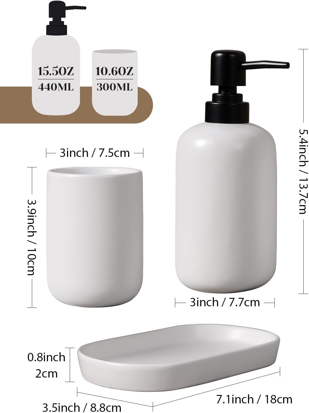 INGOFIN 3 Pcs Ceramic Bathroom Accessory Set - Liquid Soap Dispenser, Toothbrush Holder & Tray, Bathroom Counter Set, Countertop Essentials for Home, Guest Bathroom, or Office Use, White