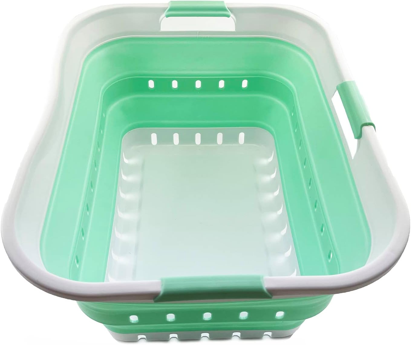 SAMMART 42L (11 gallon) Collapsible Plastic Laundry Basket - Foldable Pop Up Storage Container/Organizer - Portable Washing Tub - Space Saving Hamper/Basket (White/Pale Jade)