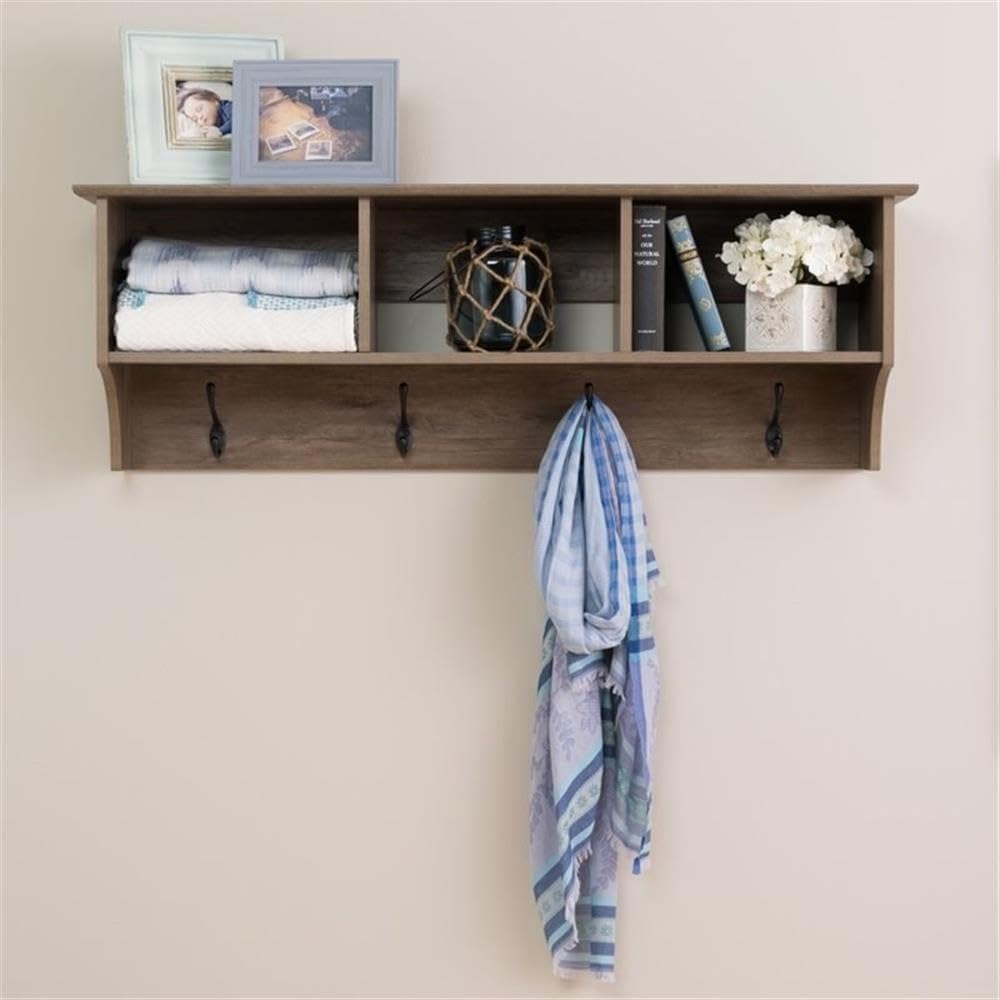 Prepac Drifted Gray 48" Contemporary Wall Mounted Coat Rack, Coat Hooks Wall Mount with 3 Shelves, Ideal for Hallway or Entryway Storage Solution, 11.5"D x 48"W x 14.25"H