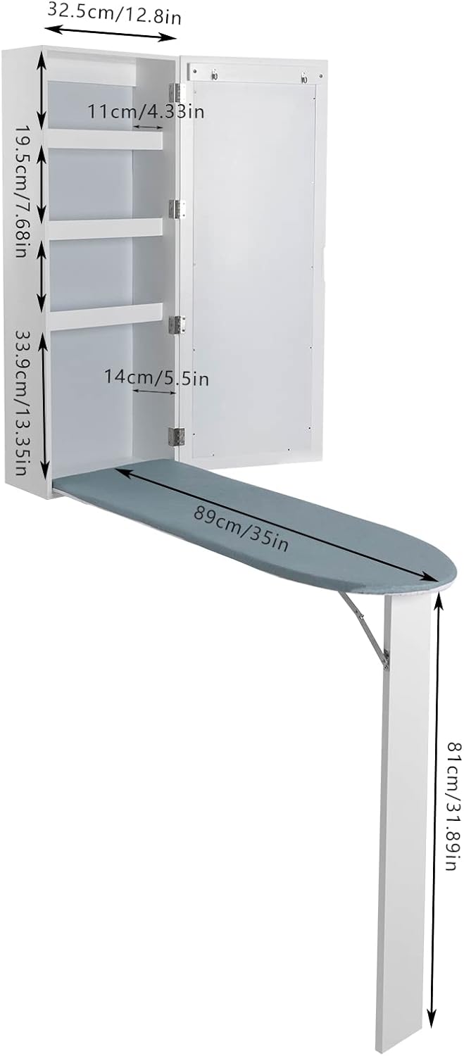 Wall Mounted Ironing Board Cabinet, Built-in Foldable Ironing Board & Folding Support Leg, Wall Ironing Boards with Mirror and 2 Hooks for Home, Apartment & Small Spaces