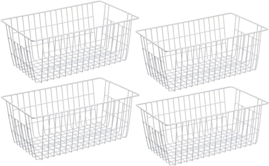 Freezer Wire Storage Organizer Bin Baskets with Handles, Metal Wire Baskets Storage for Organizing Fridge, Closets, Pantry, Kitchen, Garage, Bathroom, White - 4 Pack