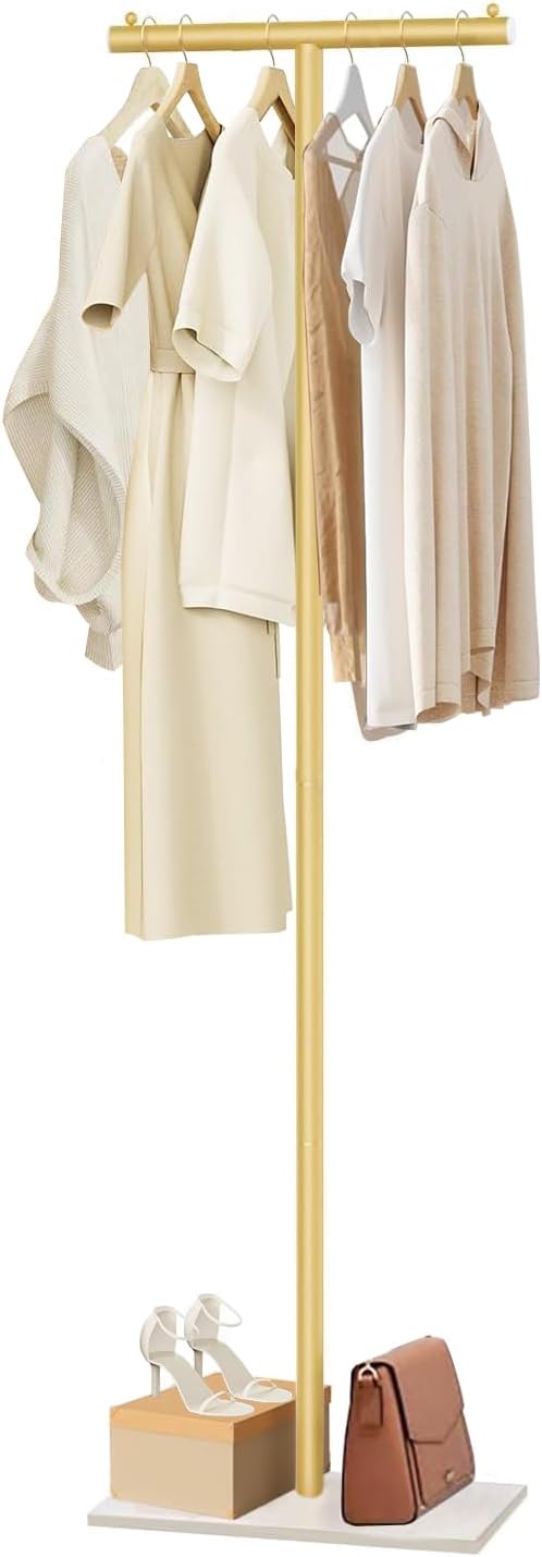 T-Shaped Metal Rack Stand, Modern Clothes Rack With Rock Slab Base,68.8Inch Freestanding Clothing Rack Stand,Suitable For Boutiques, Entryway, Bedroom, Living Room, Hallway, (Golden Yellow)