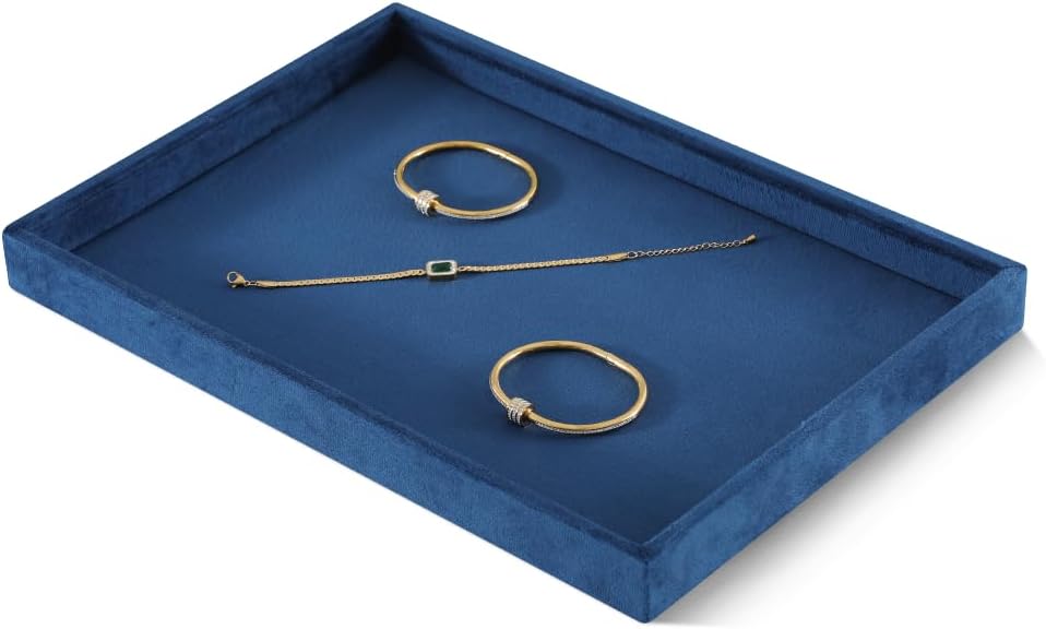 Velvet Stackable Jewelry Display Flat Tray For Ring Earring Necklace Bracelet, Bangle Pendant Storage Blank Plate, Shop Countertop Jewelry Dish Organizer (Blue)