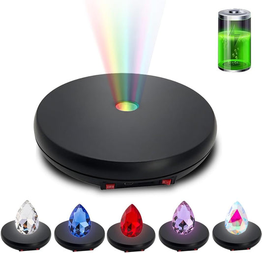 JAYEGT Motorized Rotating Display Stand with LED Light , 10 inch /55lbs Load, 360 Degree Electronic Photography Turntable for Product Show, Jewelry, Crystal Art (Black / 5 Colors LED Light /Rechargeable)