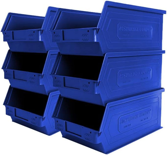 6-Pack Storage Bins, Wall Mount, Stackable & Freestanding, 12”x 8” x 6” Plastic Organizers, Utility Containers for Garage, Home, Workshop, Blue