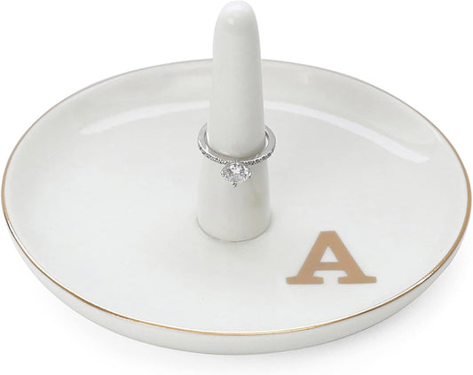 HOME SMILE Initials Ring Holder Jewery Tray with personalized A-Monogrammed Engagement Gifts for Friends,Birthday Mother's Day Christmas Gifts for Women,Ceramic White