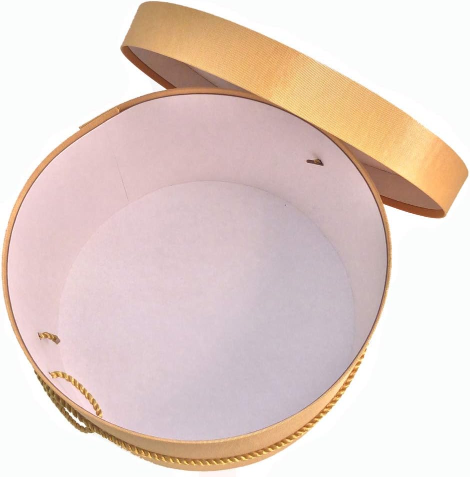 Sarah's Hat Boxes Classic Gold Hat Box – 16.75" x 8.5" (Dia. x Ht.) Handmade in USA – Odorless Non-Toxic Adhesive, Cording Handle – Premium Storage for Hats & Accessories