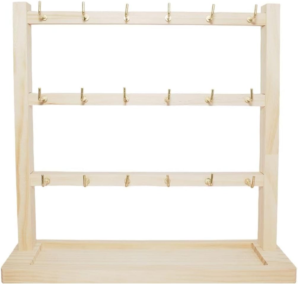 3 Layers of Wooden Display Eacks With Hooks for Necklaces. Rings, Earrings, Bracelets, And Other Jewelry Storage Display Rack