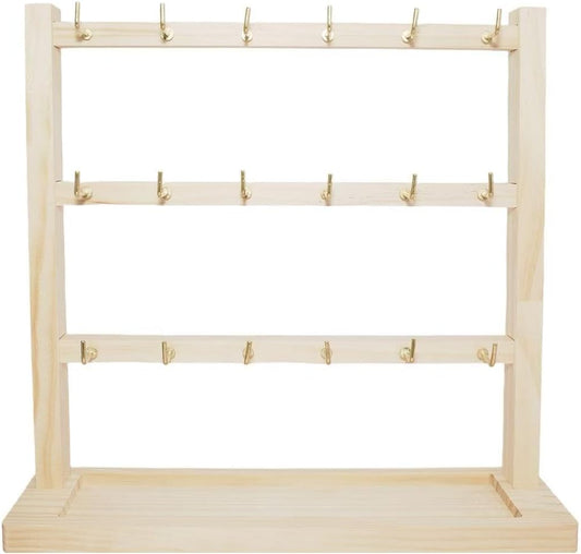 3 Layers of Wooden Display Eacks With Hooks for Necklaces. Rings, Earrings, Bracelets, And Other Jewelry Storage Display Rack