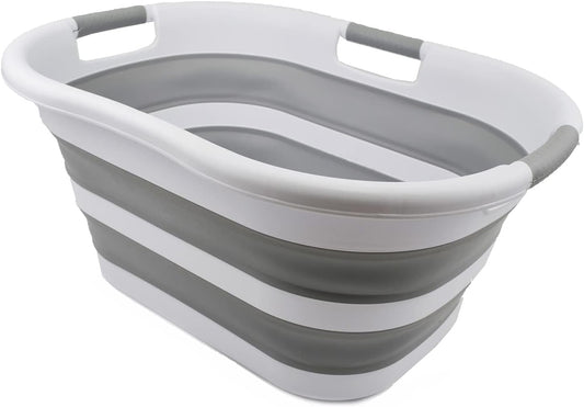 SAMMART 40L (10.5 gallon) Collapsible Plastic Laundry Basket - Space Saving Storage Container - Portable Washing Tub - Foldable Pop Up Hamper/Basket (1, White/Grey)
