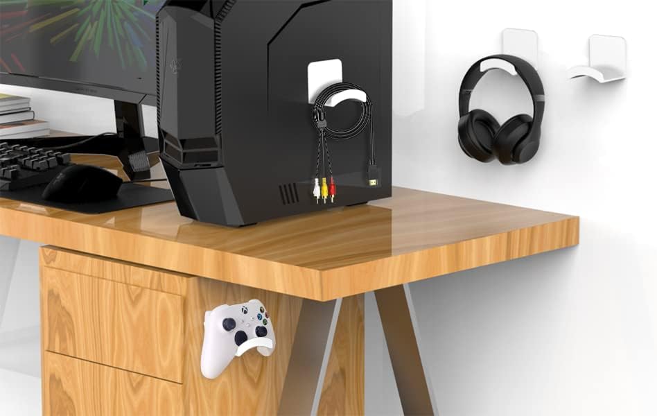 HomeMount Headphone Stand Headset Holder - Adhesive Gaming Headphone Hanger Hook Desk Mount for Most Headphone & Controller (White)